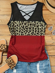  Colorblock Leopard Print Criss Cross V-Neck Tank Top