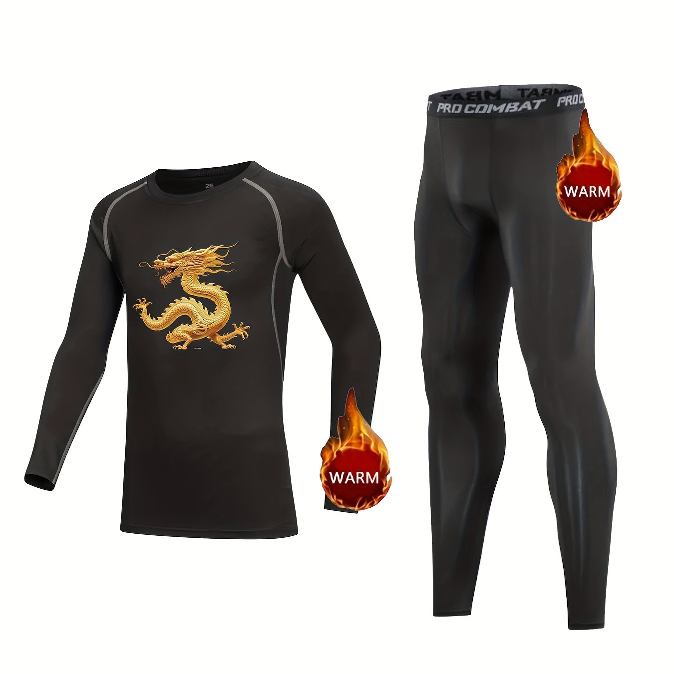 2pcs Kids Compression Fleece Sets Dragon Pattern Shirt & Pants