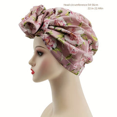 Boho Flower Print Turban Cap Pleated Headwrap Casual Head Scarf