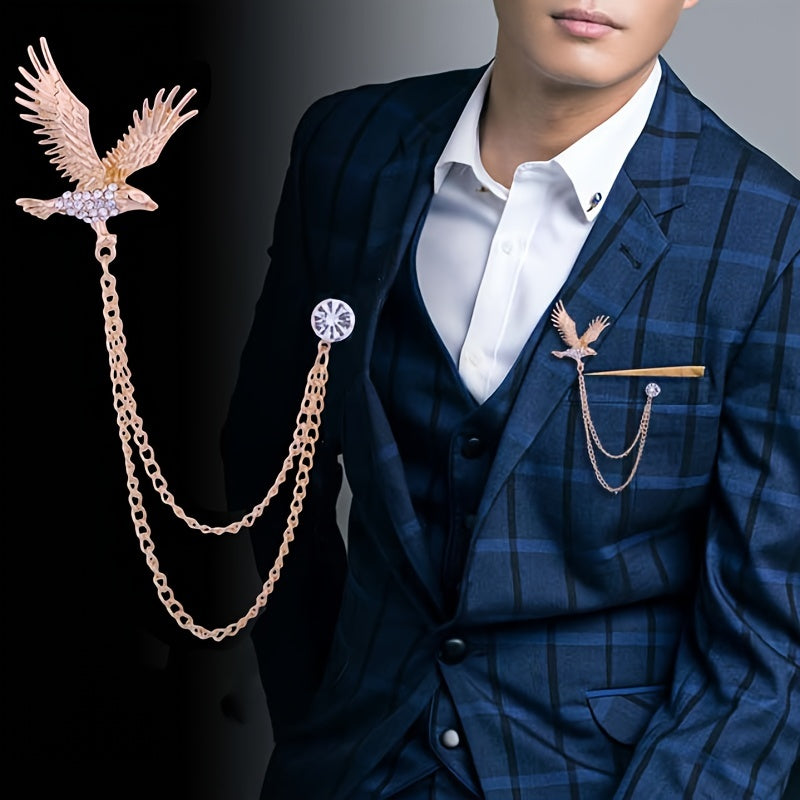 Vintage Eagle Brooch Men's Domineering Animal Pin Rhinestone Wings Chain Brooch