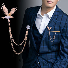 Vintage Eagle Brooch Men's Domineering Animal Pin Rhinestone Wings Chain Brooch