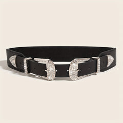 Western Belt Rhinestone Inlaid Buckle PU Leather Elastic Wide Girdle
