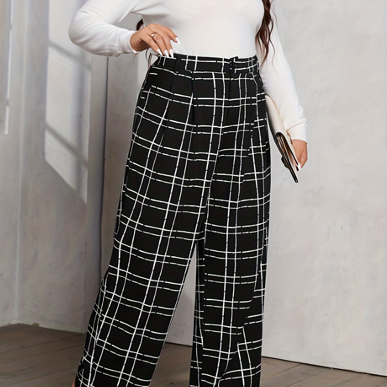  Grid Print Wide Leg Suit Pants
