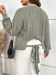  Lantern Sleeve V Neck Sweater with Knot Back