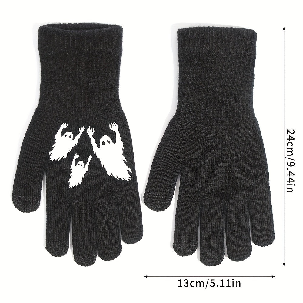 Halloween Ghost Pattern Touch Screen Gloves - Windproof Knitted Gloves