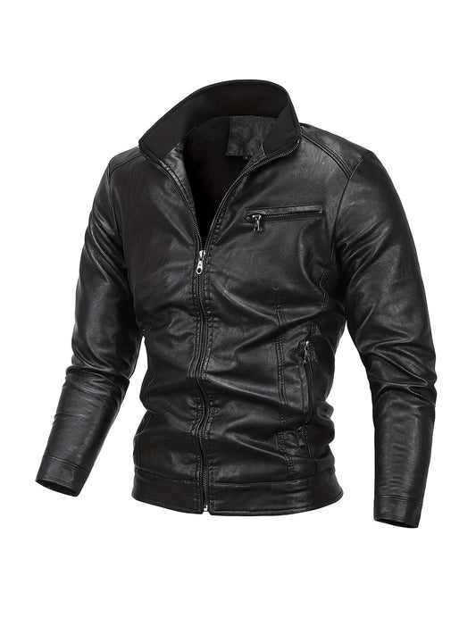 Men's Casual Stand Collar Faux Leather Jacket for Spring Fall