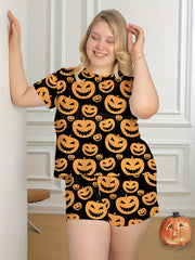  Halloween Pajama Set Women's Pumpkin Print Tee & Shorts Loungewear