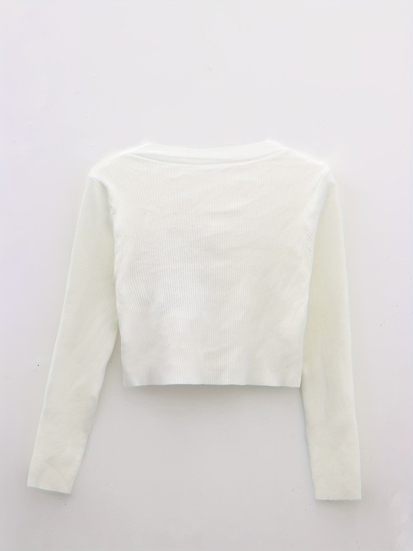 Solid Scoop Neck Crop Sweater Long Sleeve Slim Sweater For Spring & Fall