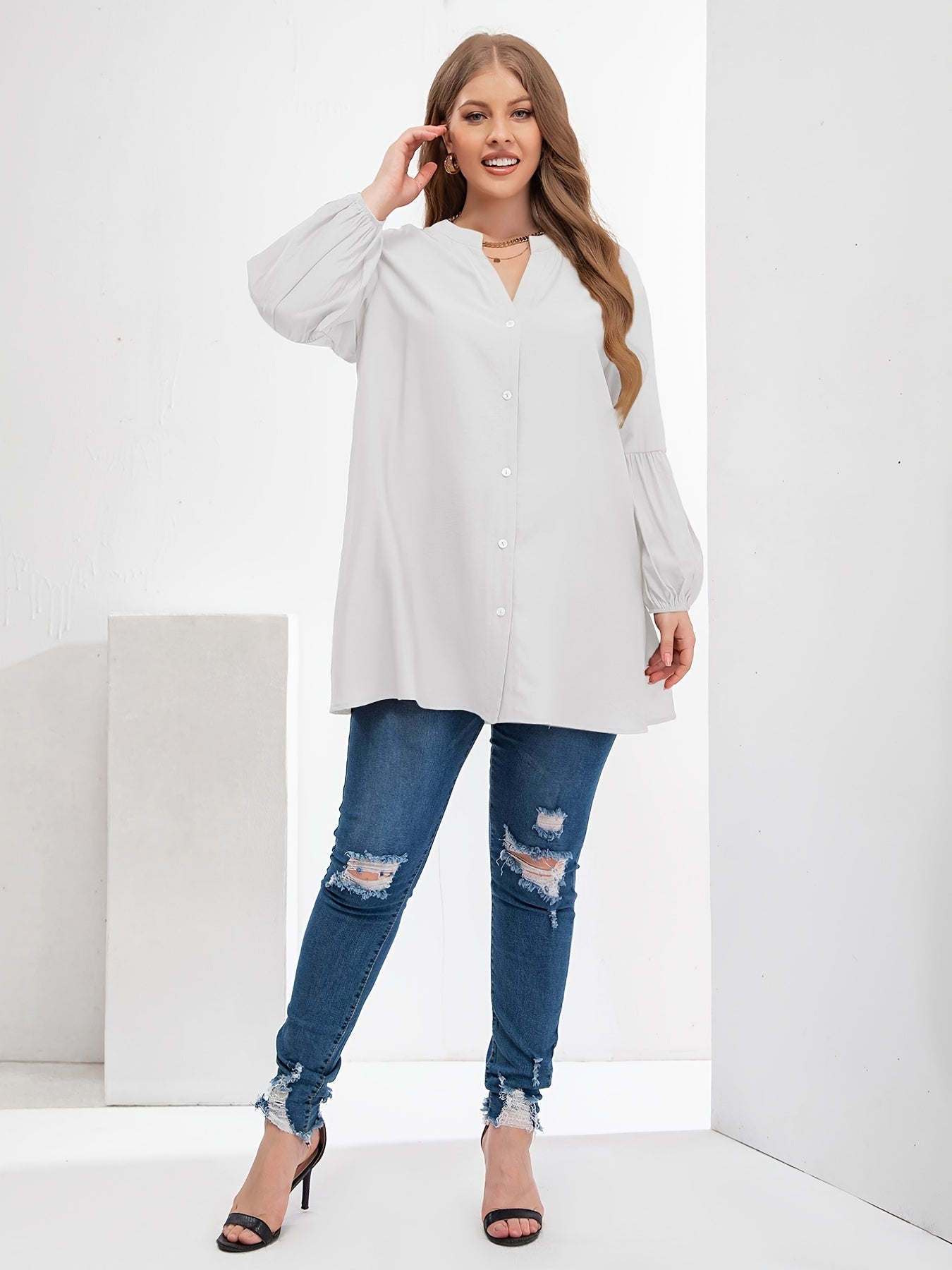  Puff Sleeve V Neck Button Front Blouse