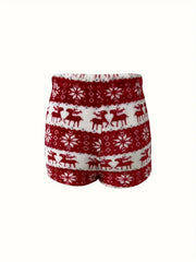 Christmas Elk Print Plush Lounge Set Tie Front Top & Shorts