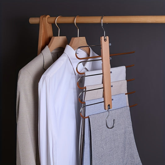 5 in 1 Folding Pants Hanger Solid Wood And Metal Pants Clip