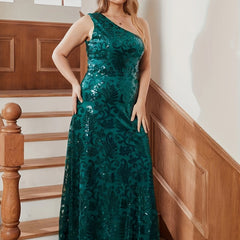  Solid Sequin One Shoulder Maxi Dress