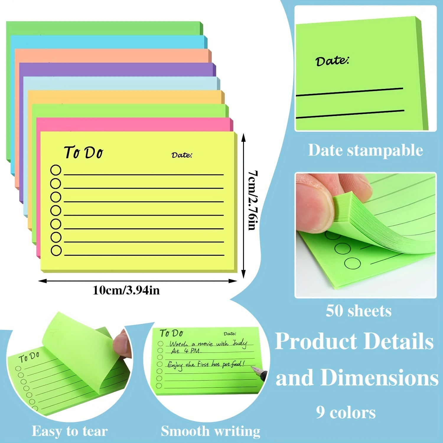 50pcs Fluorescent Sticky Notes Set, 450 Date Memo Pads, Office Stickers