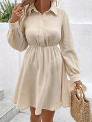  Textured Long Sleeve Button Up Collar Knee Length Dress