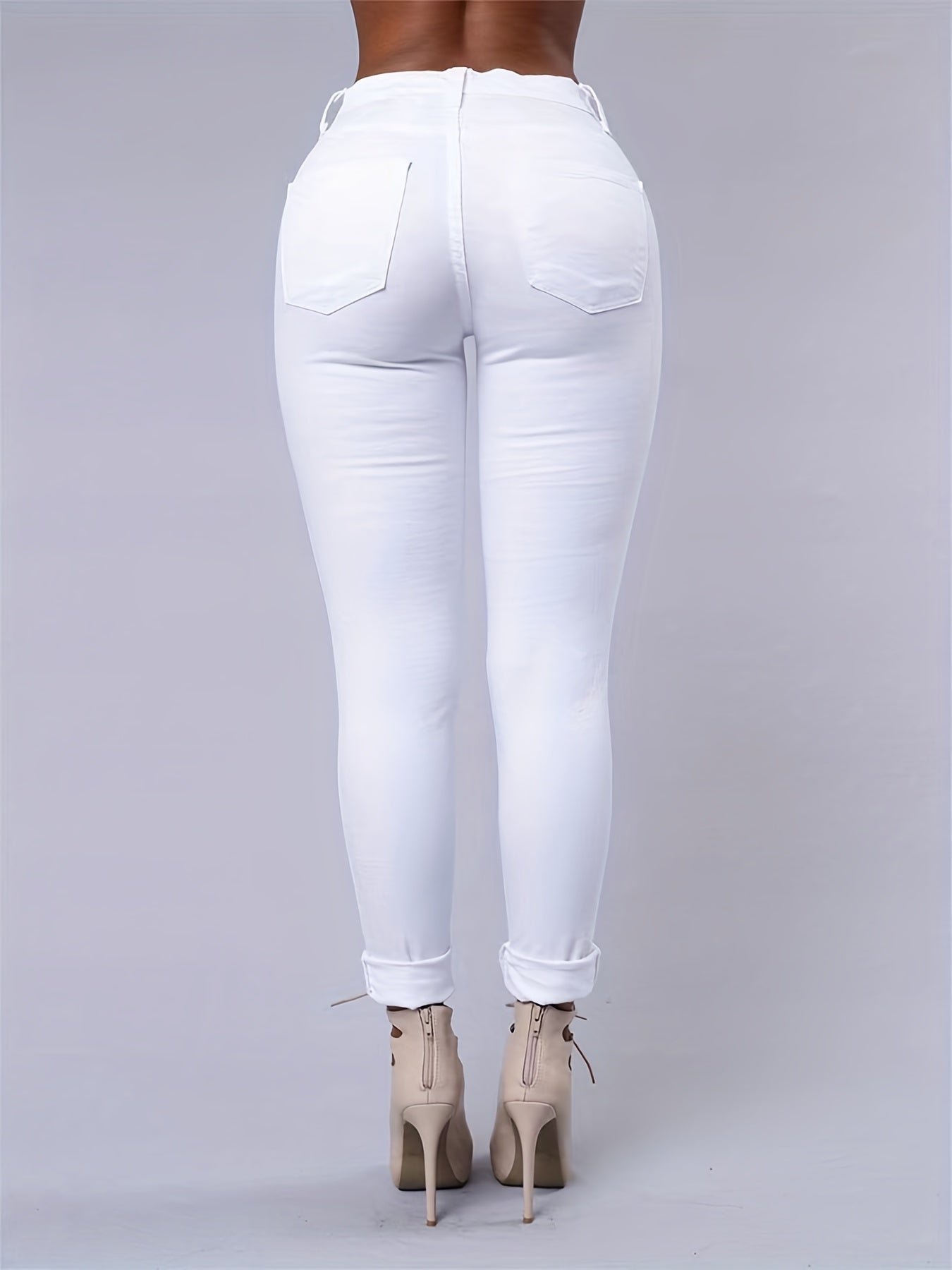 High Strech Distressed Jeans Solid Slim Fit Denim Pants Women's Jeans
