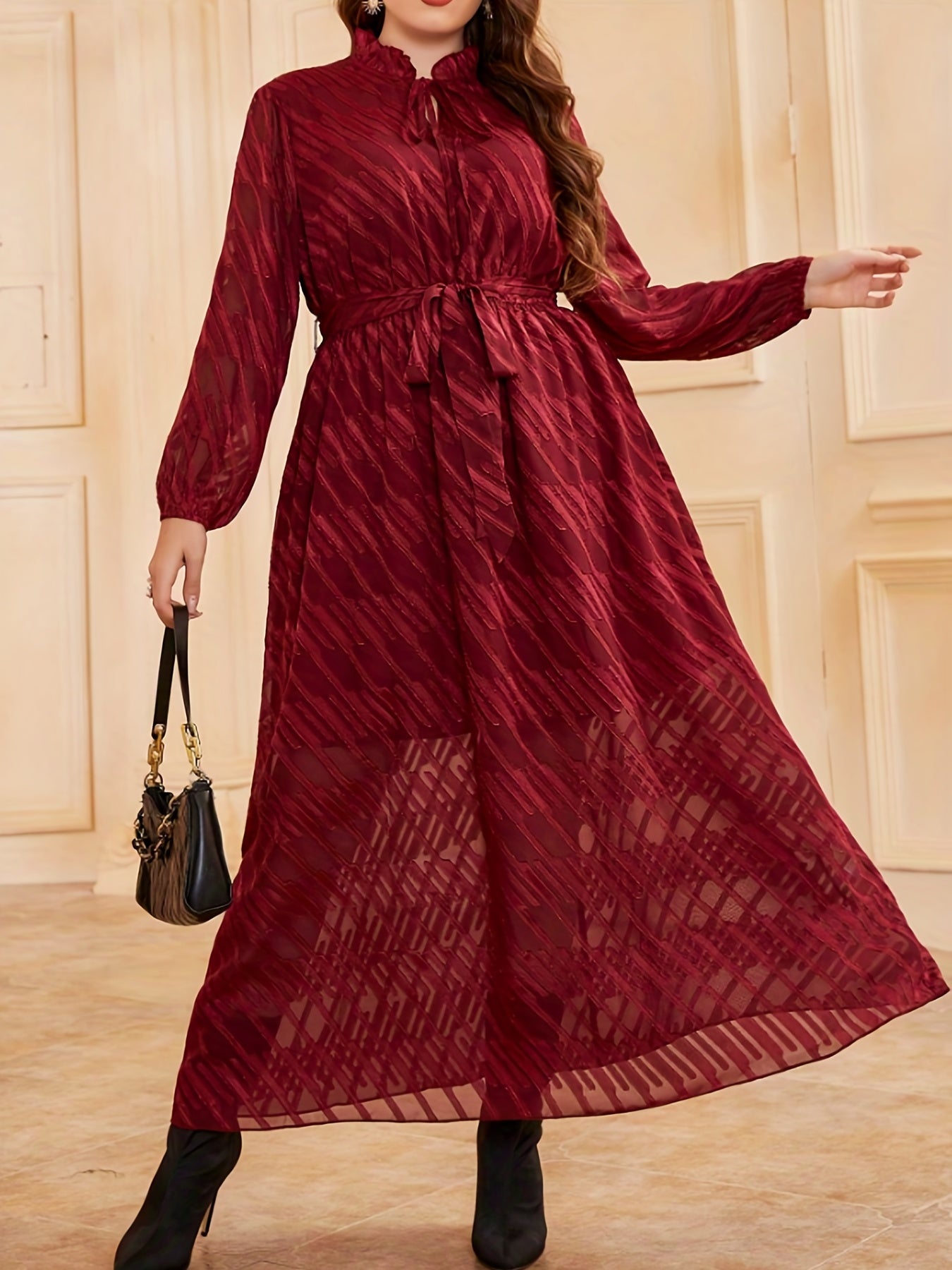  Women's Striped Lantern Sleeve Dress With Belt