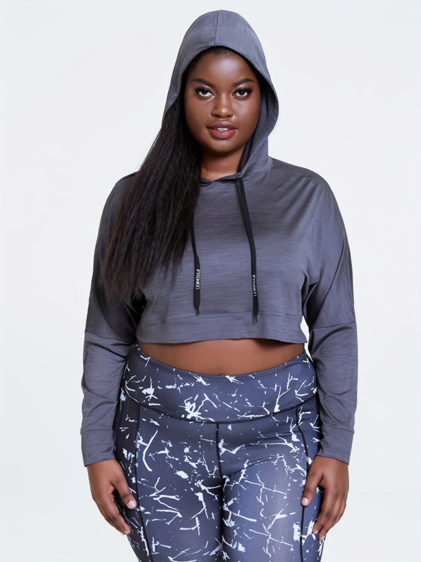  Solid Long Sleeve Stretch Hoodie Crop Top