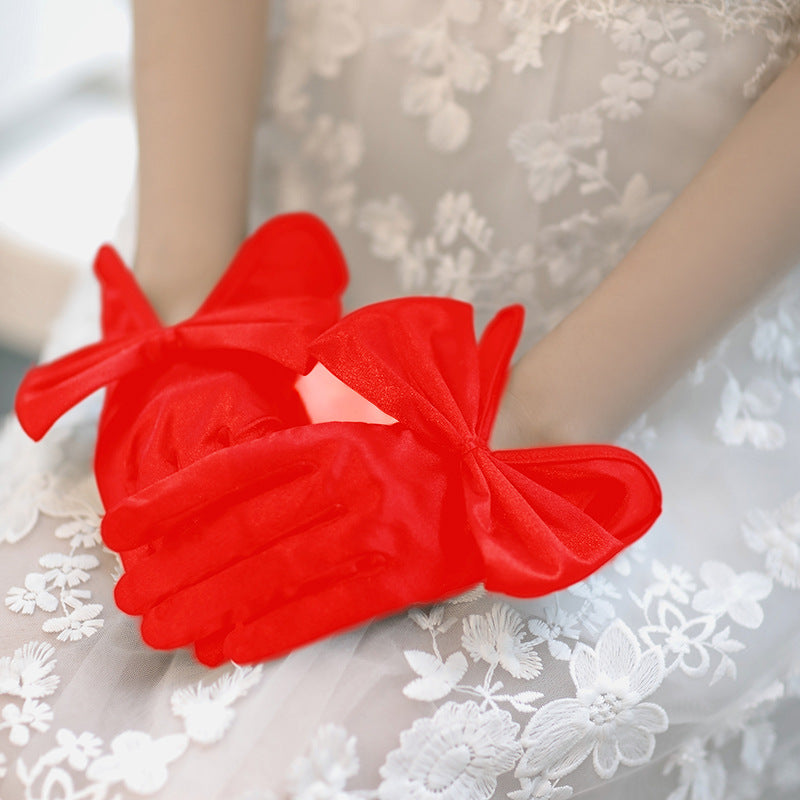 Bride Short Satin Elastic Big Bow Wedding Gloves Red Beige