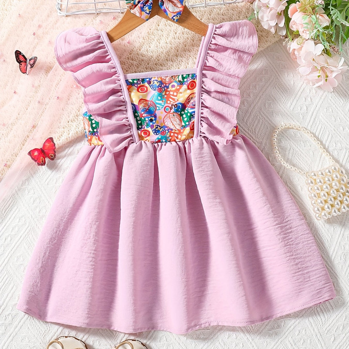 Baby Girl's Cartoon Graphic Flutter Pleated Dress