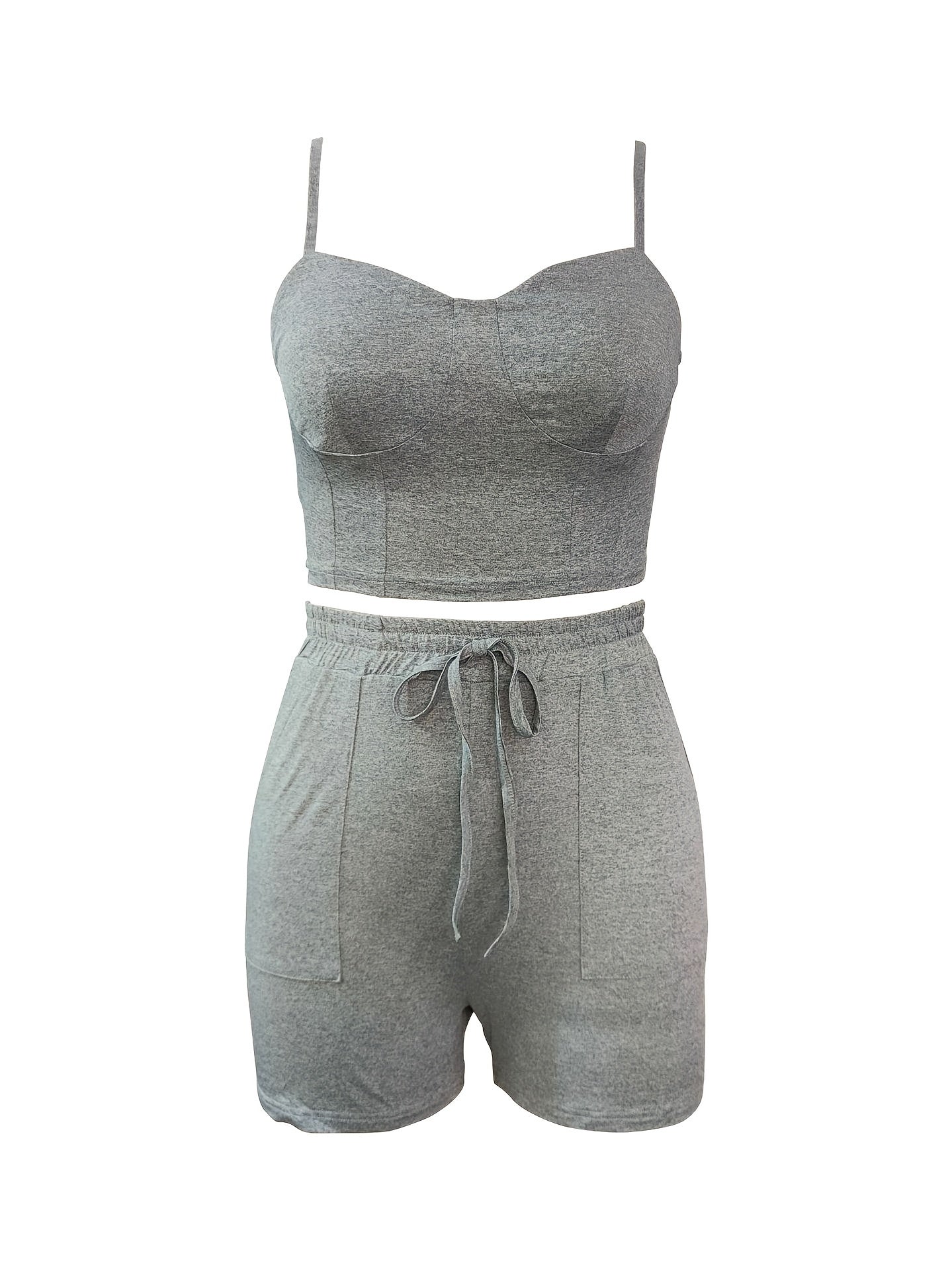 Crop Cami Top & Drawstring Waist Shorts 2pcs Set Women's Outfit
