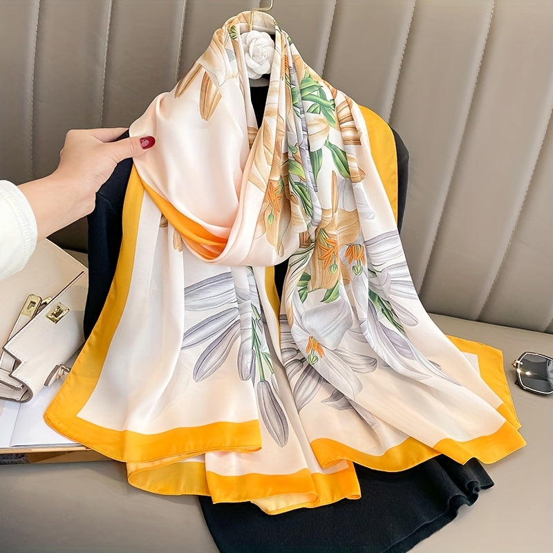 Lily Print Satin Scarf Vintage Style Classic Warm Shawl