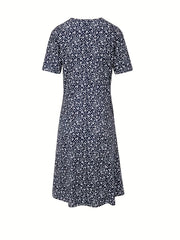  Floral Print Short Sleeve Round Neck Dress With Pockets