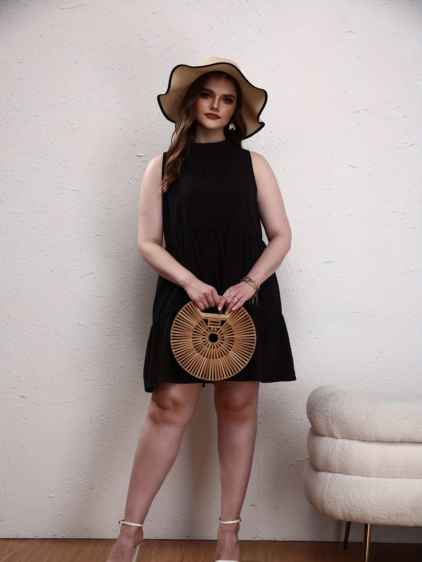  Casual Tank Dress Women's Plus Solid Halter Neck Keyhole Back Mini