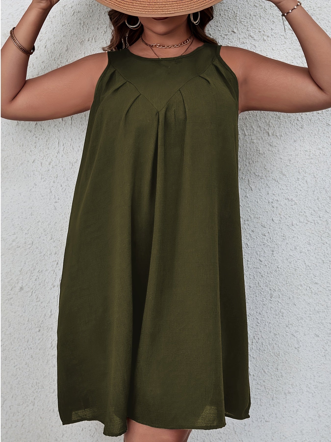 Solid Pleated Round Neck Mini Tank Dress