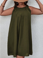  Solid Pleated Round Neck Mini Tank Dress
