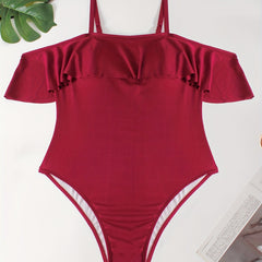  Swimsuit Women's Plus Cold Shoulder Ruffle Trim One Piece