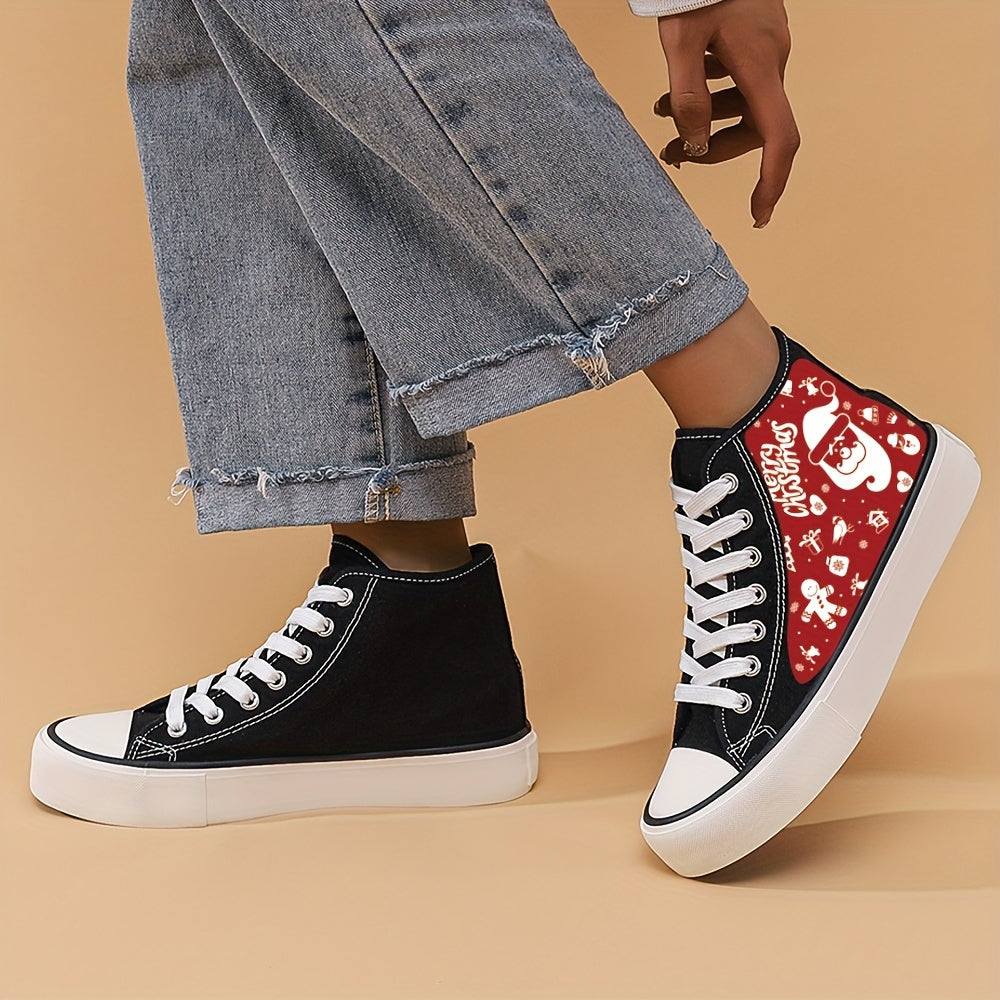 Xmas Santa Print Chunky Canvas Sneakers High Top Skate Shoes