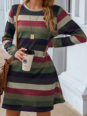  Stripe Print Long Sleeve Round Neck Loose Fit Dress
