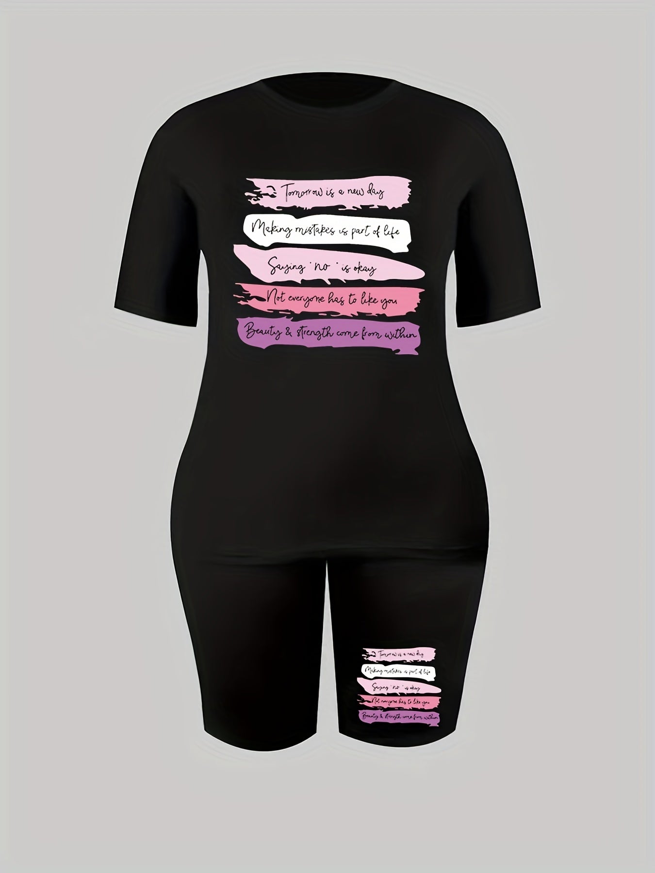  Colorful Stripe & Letter Print Crew Neck Top & Shorts Set