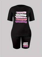  Colorful Stripe & Letter Print Crew Neck Top & Shorts Set