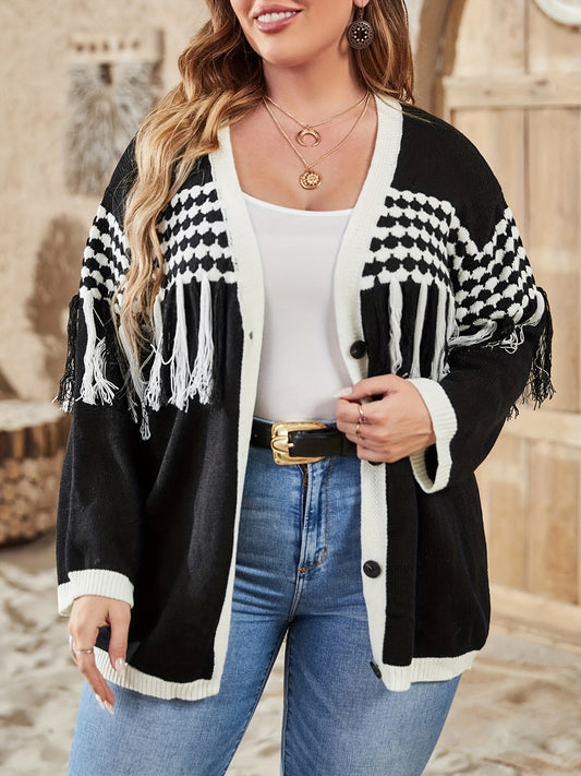  Colorblock Graphic Tassel Cardigan