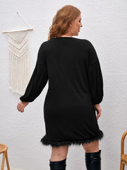  Solid Long Sleeve Round Neck Fuzzy Trim Dress