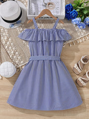 Girls' Striped Off Shoulder Slip Dress with Belt
