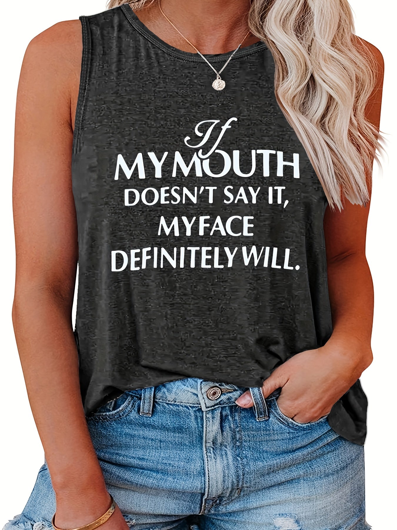  Women's Slogan Print Tank Top Round Neck Stretchy Casual Tee