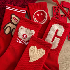 5 Pairs Red Crew Socks Lightweight & Comfy Women's Stockings