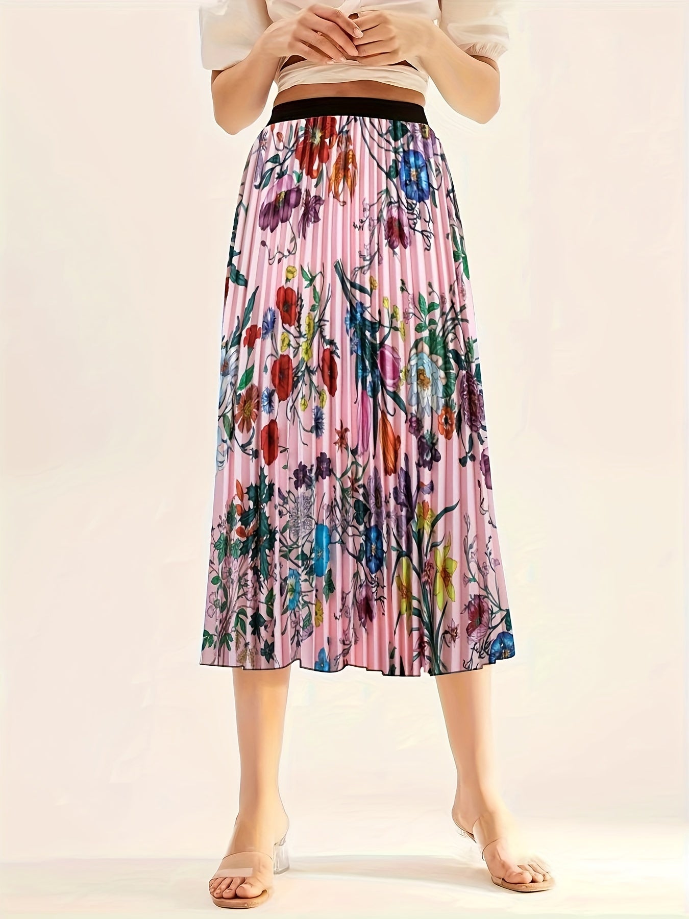  Women's Floral Print Pleated Midi Skirt