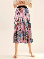  Women's Floral Print Pleated Midi Skirt