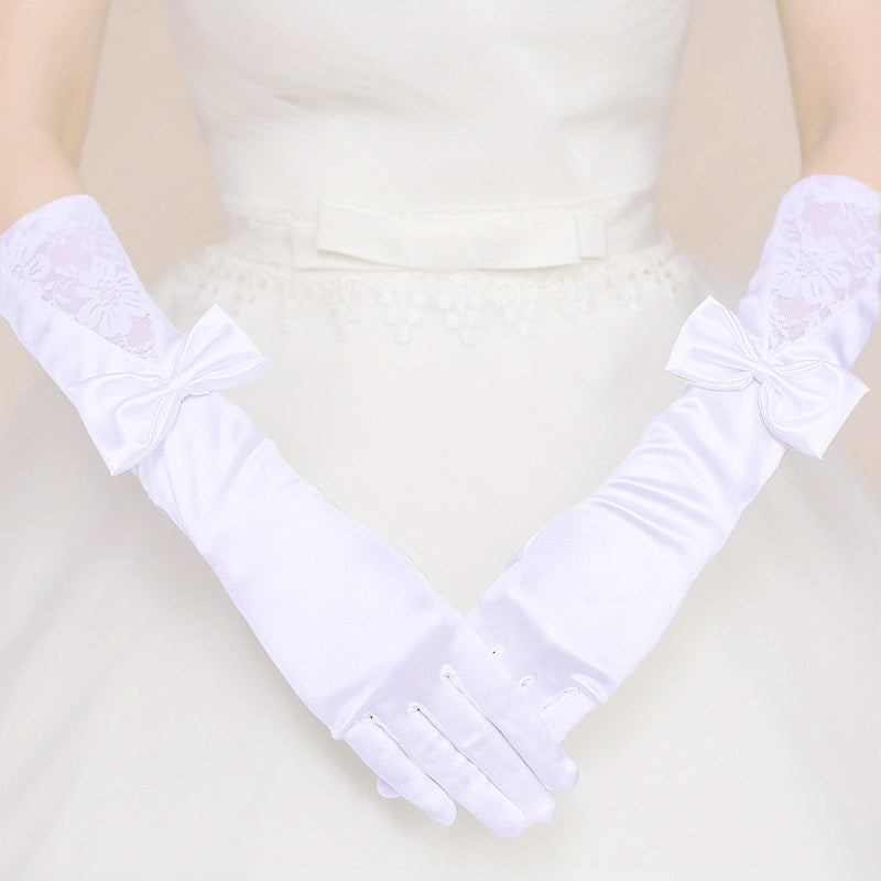 Classic Satin Long Gloves with Bowknot for Wedding Tea Party Lace Gloves