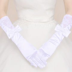 Classic Satin Long Gloves with Bowknot for Wedding Tea Party Lace Gloves