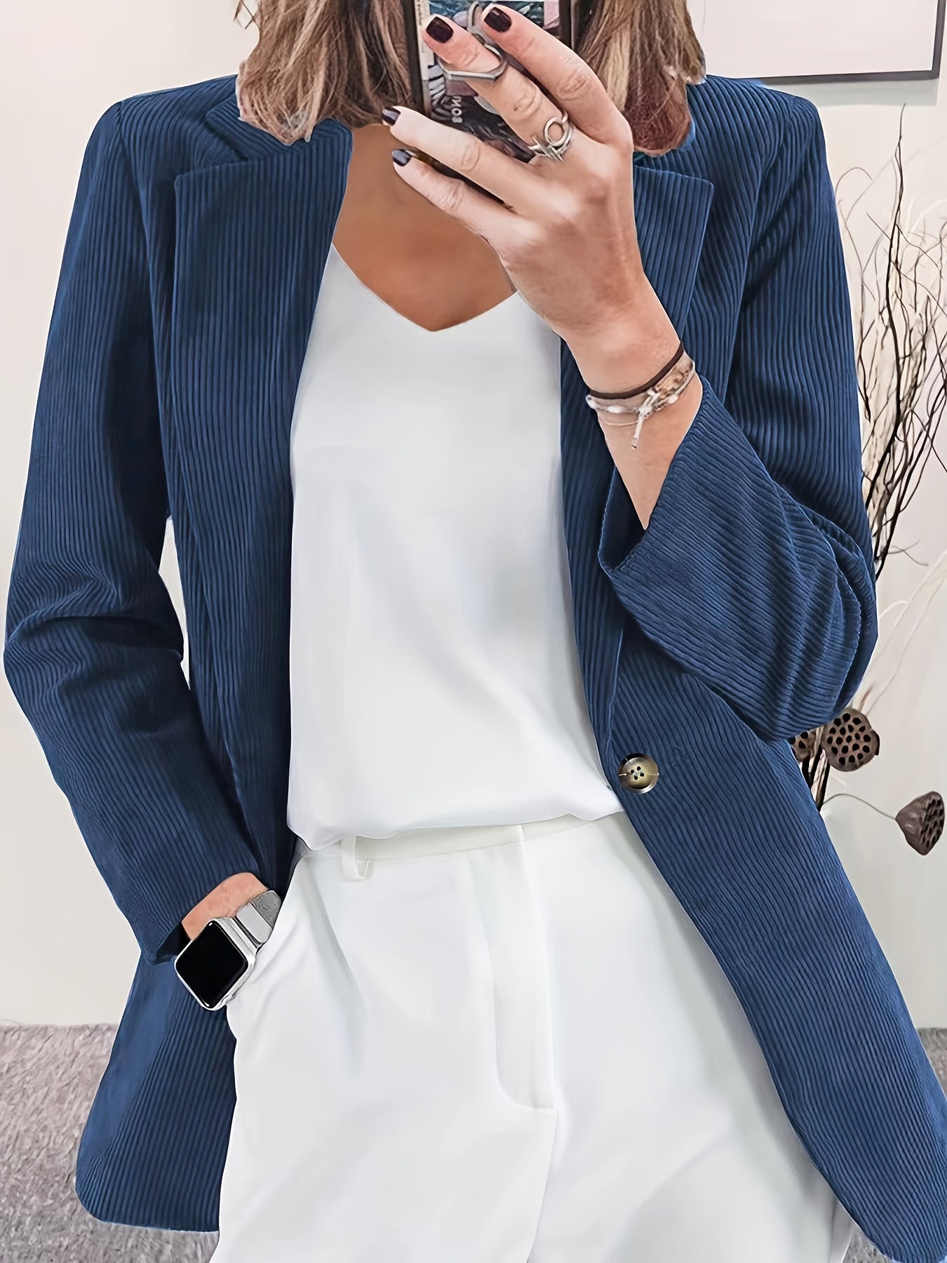  Corduroy Casual Blazer Women's Long Sleeve Slim Fit Lapel Collar