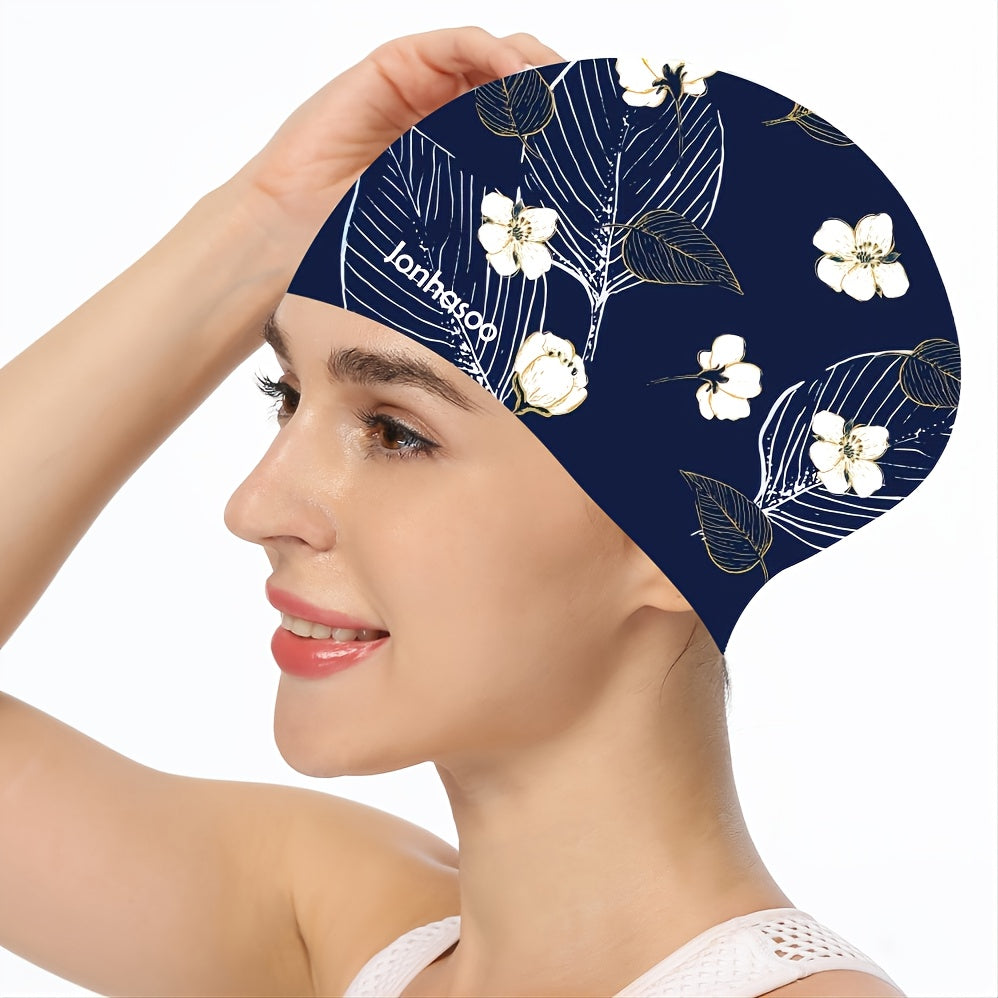 JONHASOO Flower Print Silicone Swim Cap Protects Hair