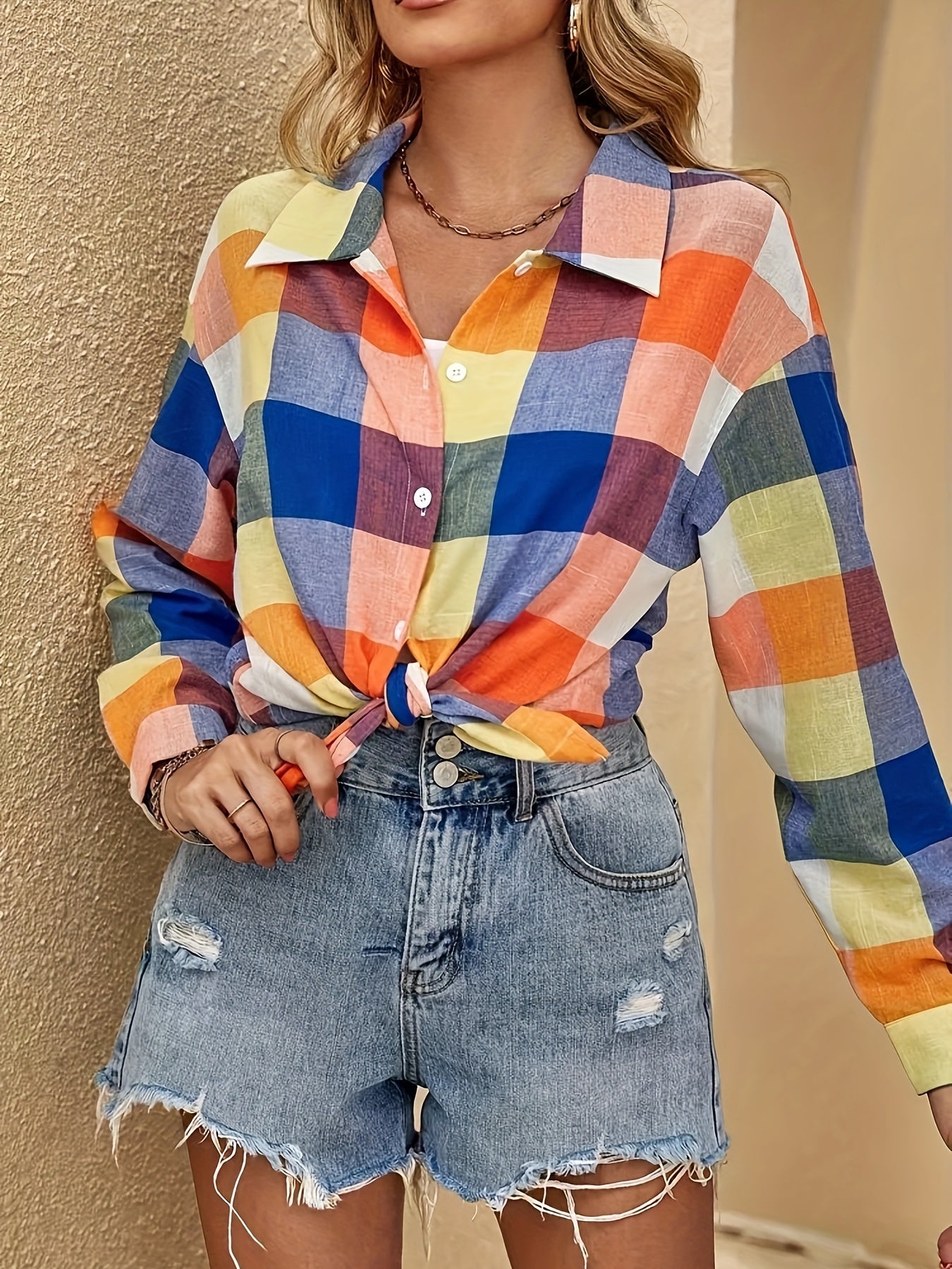  Colorful Plaid Print Long Sleeve Button Up Shirt