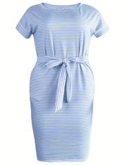 Casual Stripe Print Short Sleeve Dress with Pockets
