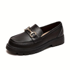 Women's Platform Loafers Slip On Shoes Retro Buckle Decor