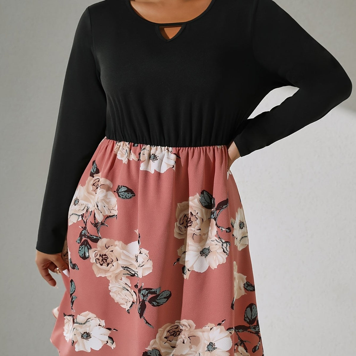  Colorblock Floral Print Long Sleeve Round Neck Cut Out Dress