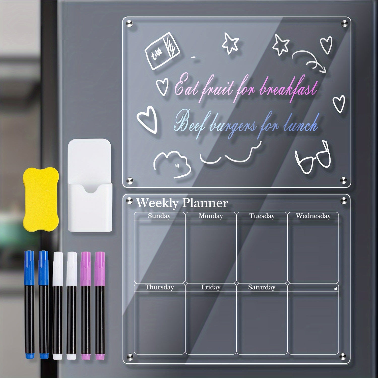 2PCS Acrylic Magnetic Calendars For Fridge, Reusable Planner Whiteboard
